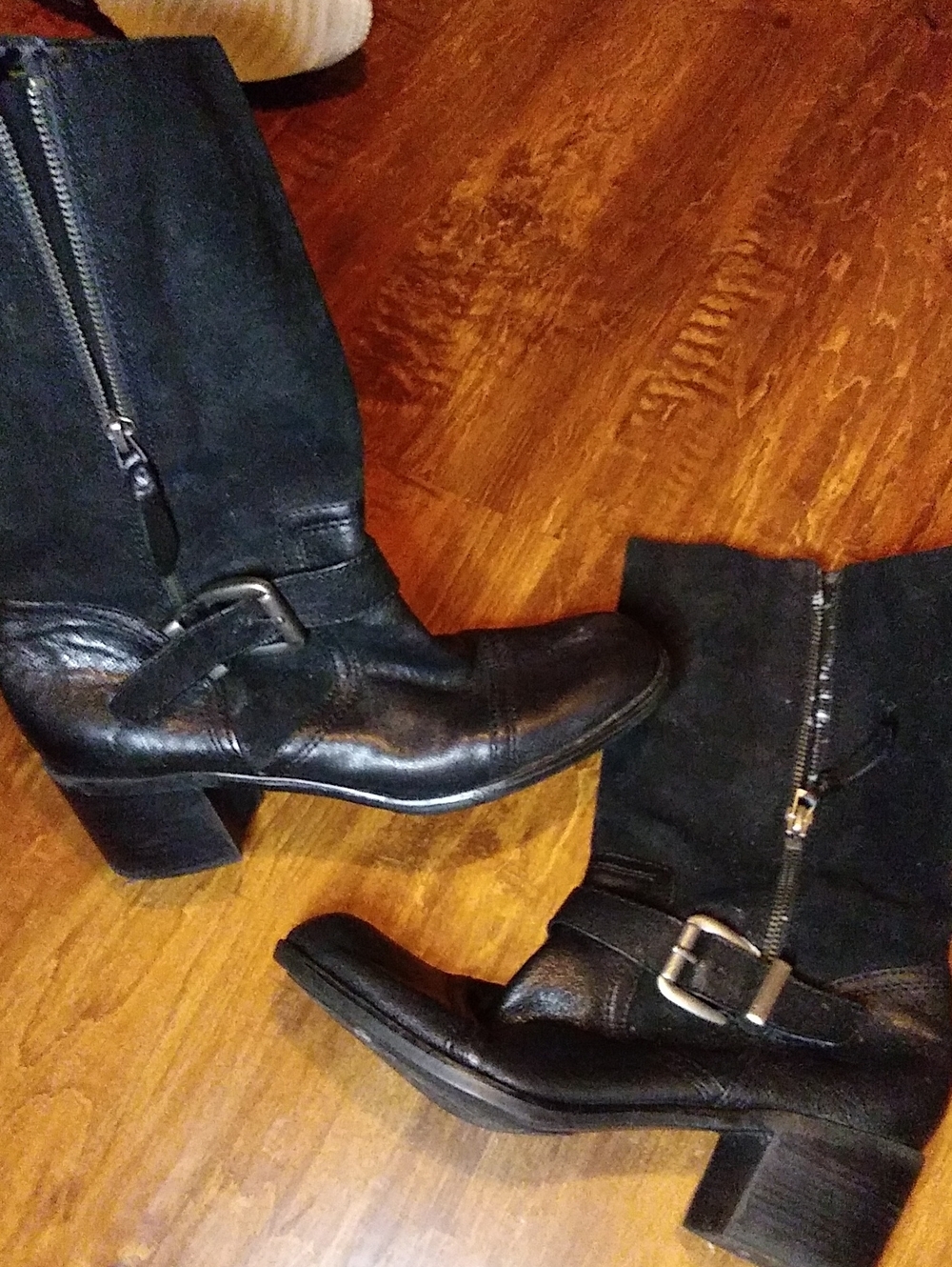 Franco Sarto Black Leather Mid-Calf Heeled Boots with Buckle